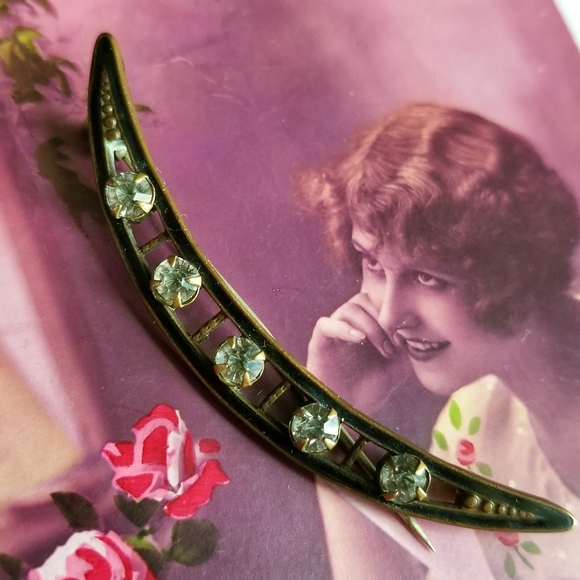 Vintage Jewelry - Relisted - Antique crescent moon brooch black enamel pin victorian vintage